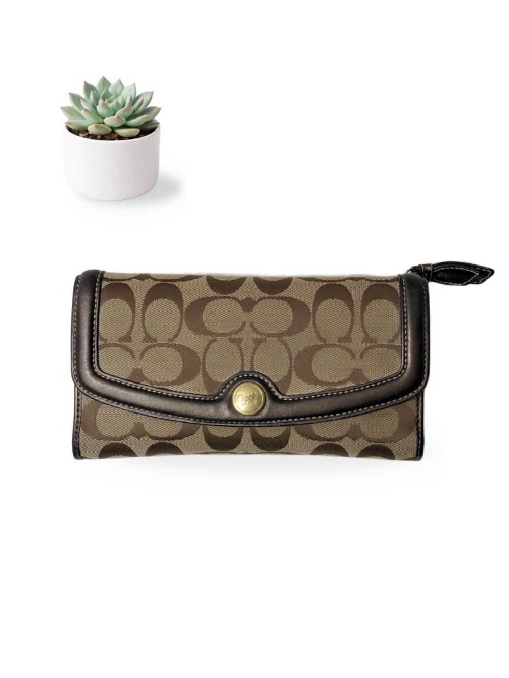 Coach Signature Jacquard Checkbook Wallet Khaki Brown Bronze Leather Trim